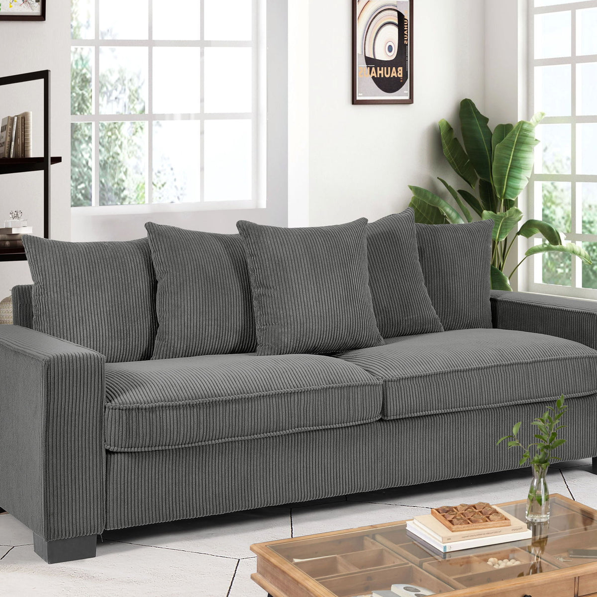 Luxe Corduroy Sofa With 5 Matching Toss Pillows, Sleek Design, Spacious And Comfortable 3 Seater Couch