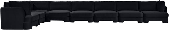 Velvet black L-shaped sectional sofa, 8-piece modular set with deep seat cushions