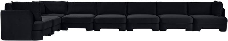 Velvet black L-shaped sectional sofa, 8-piece modular set with deep seat cushions
