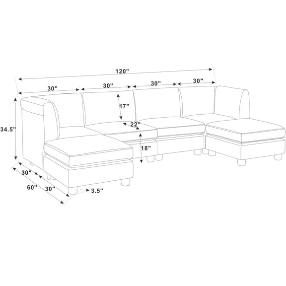 Brown sectional sofa diagram with dimension arrows and labeled measurements.