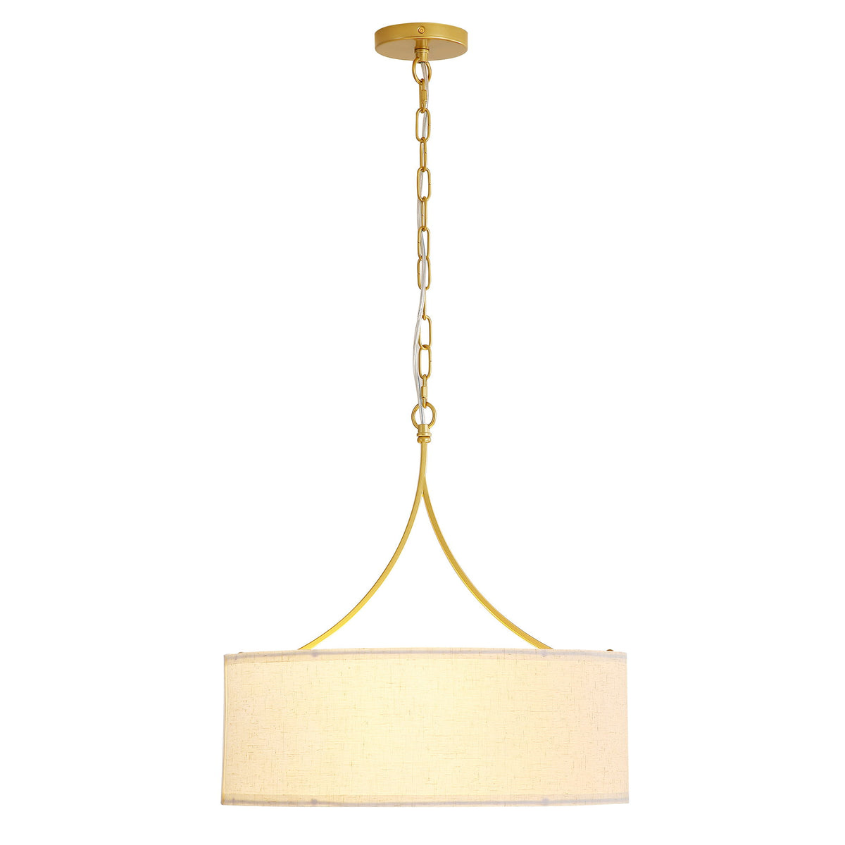 Gold 3-light drum pendant light with fabric shade and hanging chain, adjustable height