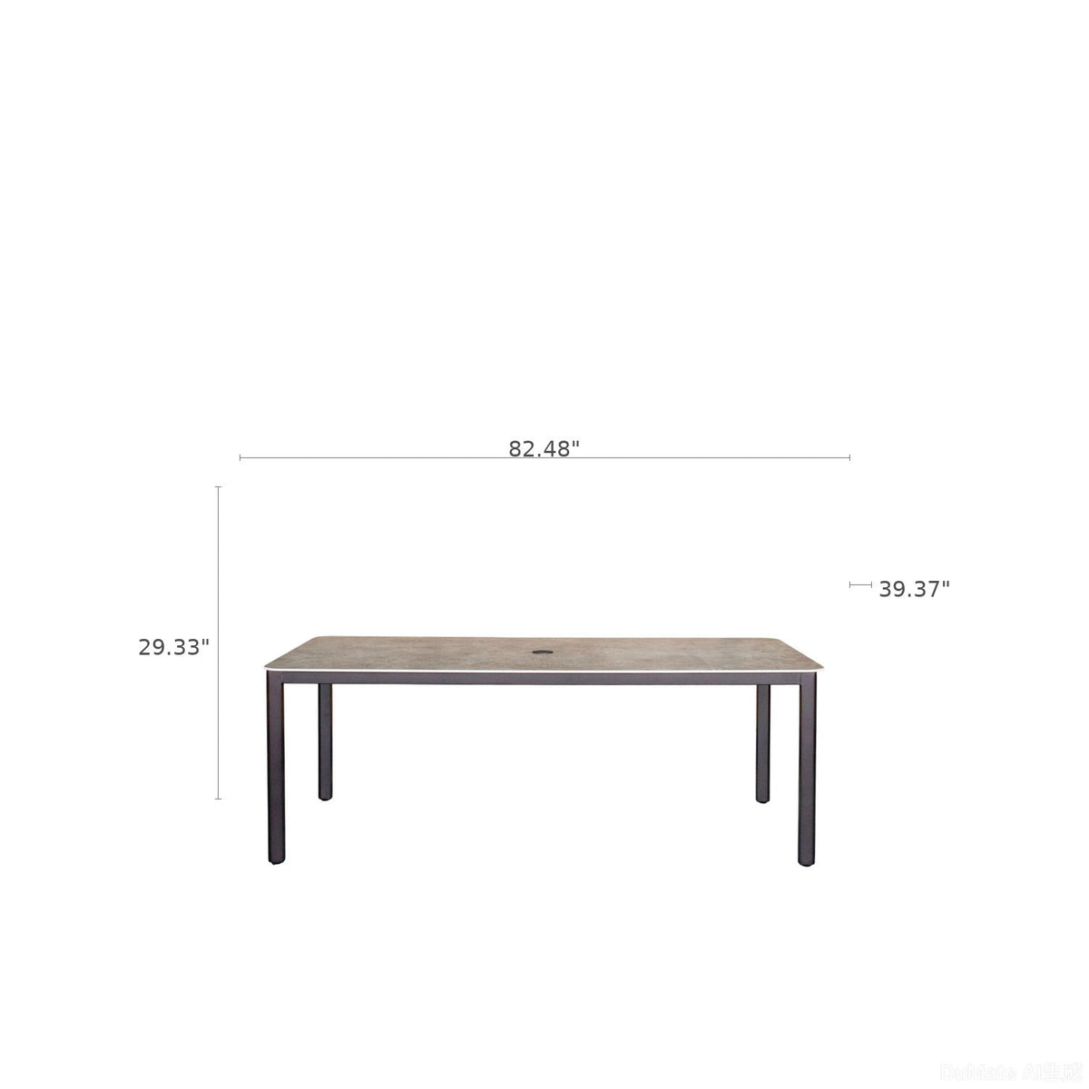 Rectangular dining table with gray tabletop and dark espresso legs, side view.