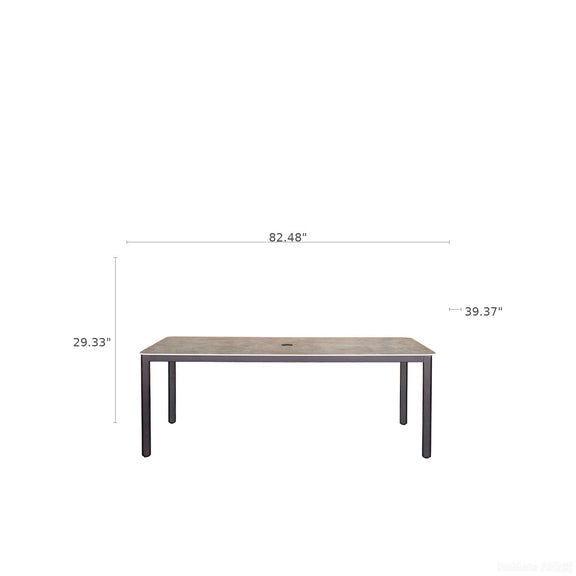Rectangular dining table with gray tabletop and dark espresso legs, side view.