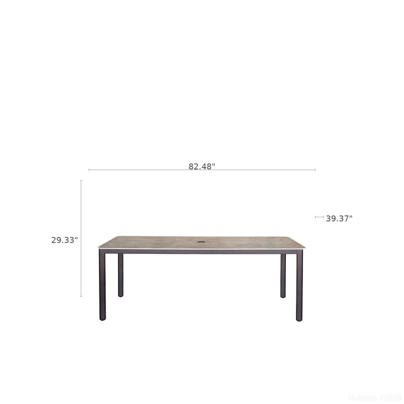 Rectangular dining table with gray tabletop and dark espresso legs, side view.