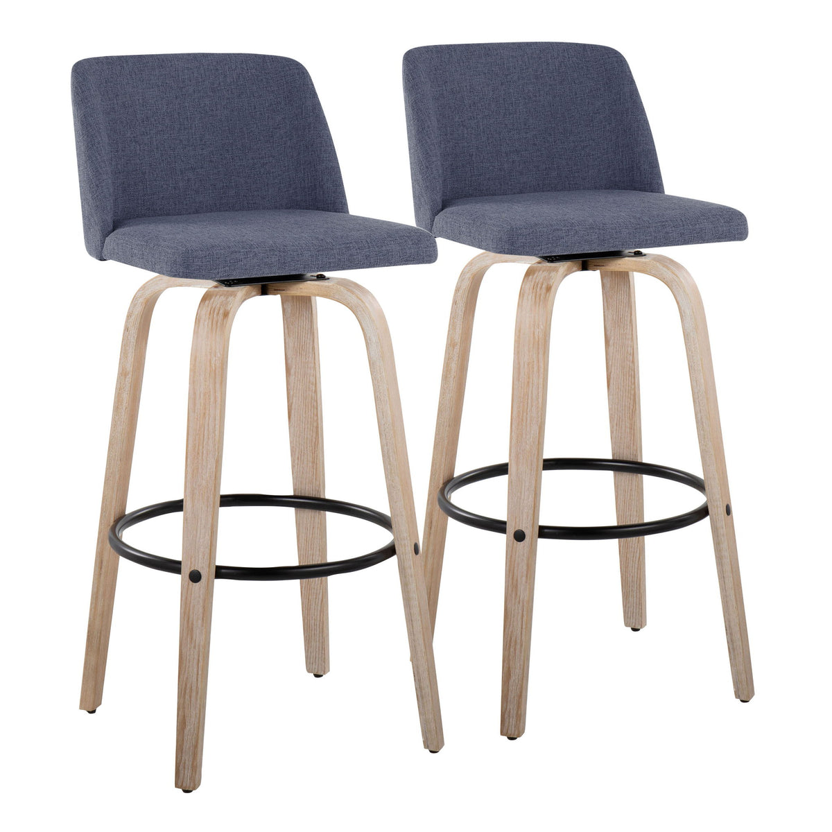 Dark gray fabric bar stools (set of 2) with round black footrest and light wood legs