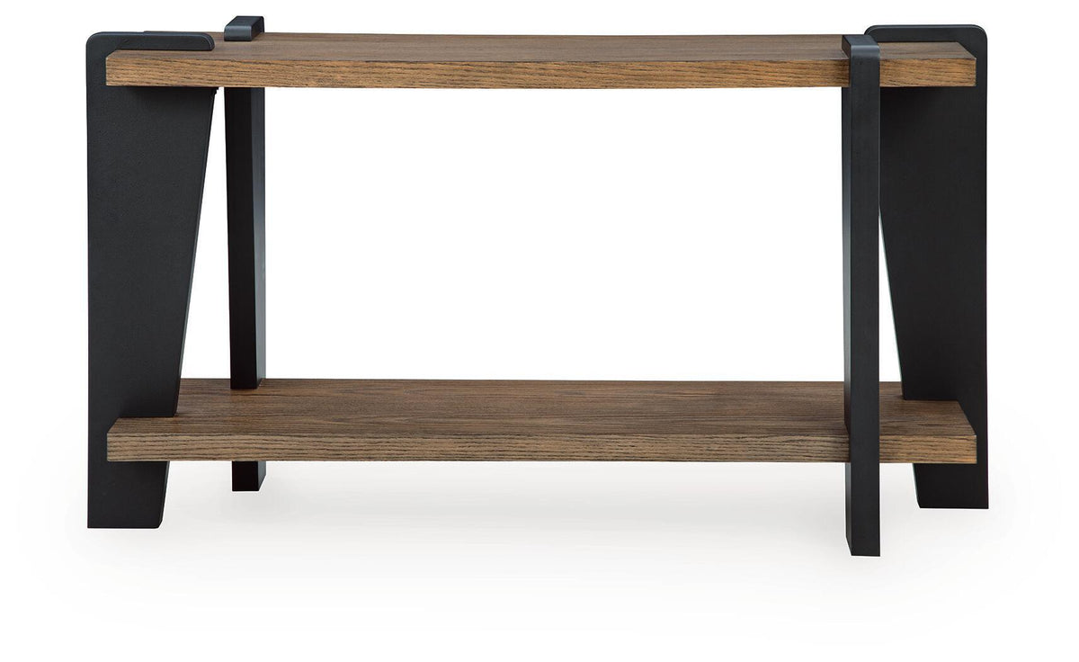 Rectangular cocktail table with dark wood top, black side legs, and bottom shelf