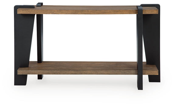 Rectangular cocktail table with dark wood top, black side legs, and bottom shelf