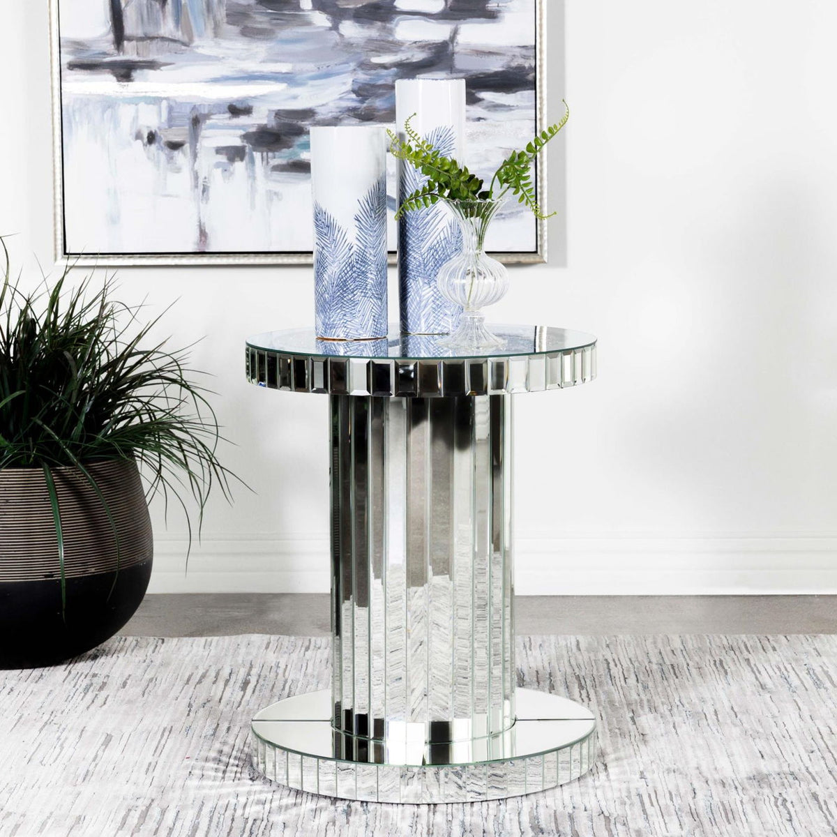 Dorielle Round Mirrored Acrylic Crystal Side Table Silver
