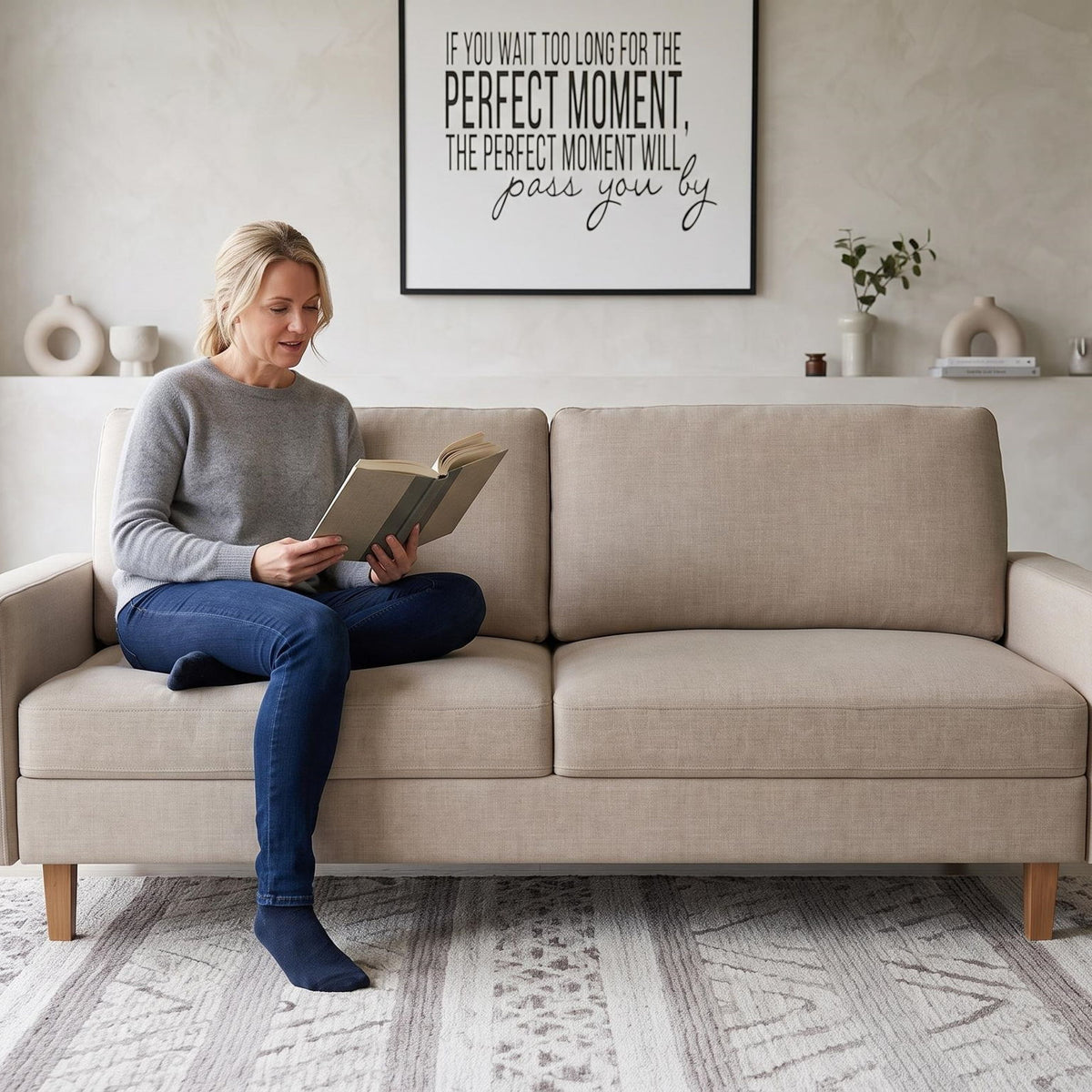 Beige two-seat loveseat with removable cushions and straight arms
