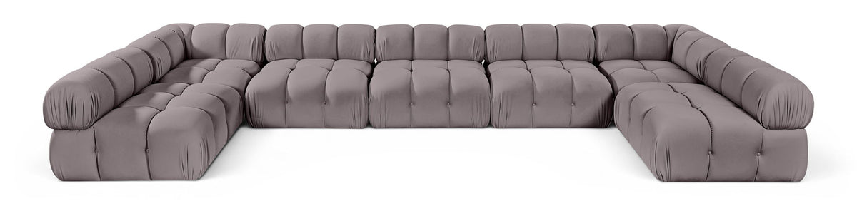 Gray U-shaped modular sectional sofa with cushioned seat and rounded armrests