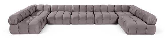 Gray U-shaped modular sectional sofa with cushioned seat and rounded armrests