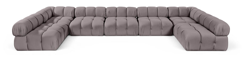 Gray U-shaped modular sectional sofa with cushioned seat and rounded armrests