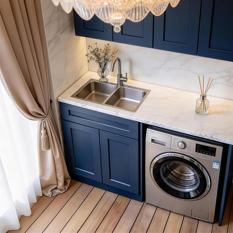 Blue shaker base cabinet with shaker doors and drawers, built-in countertop and sink