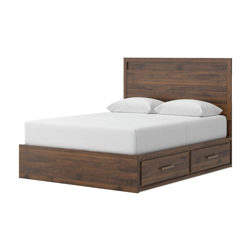 Light brown panel storage bed with white mattress and visible under-bed drawer fronts