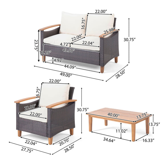 Outdoor chat set dimensions: loveseat and two armchairs with beige cushions and teak table