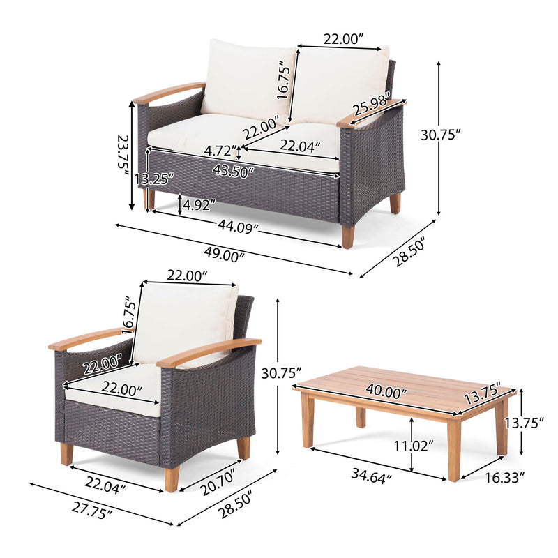 Outdoor chat set dimensions: loveseat and two armchairs with beige cushions and teak table