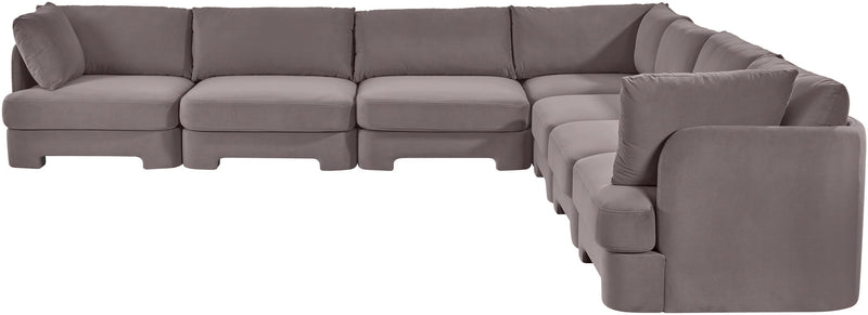 Light gray velvet corner sectional sofa with chaise, 7-piece modular arrangement