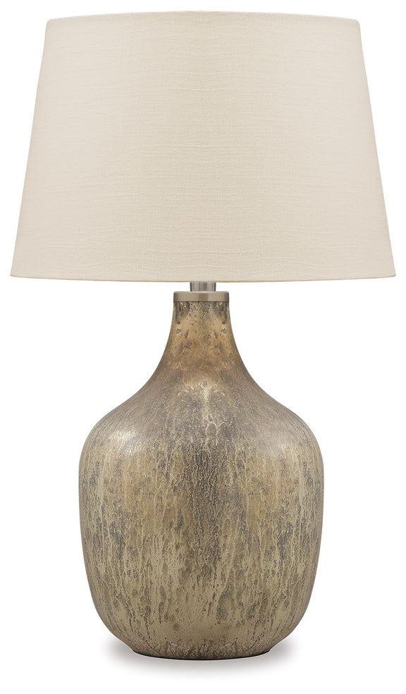 Gray-gold ceramic table lamp base with beige fabric drum shade