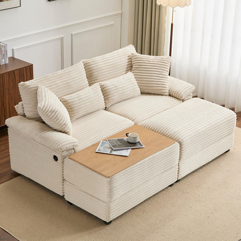 Beige striped double chaise lounge set with chaise extension and four cushions