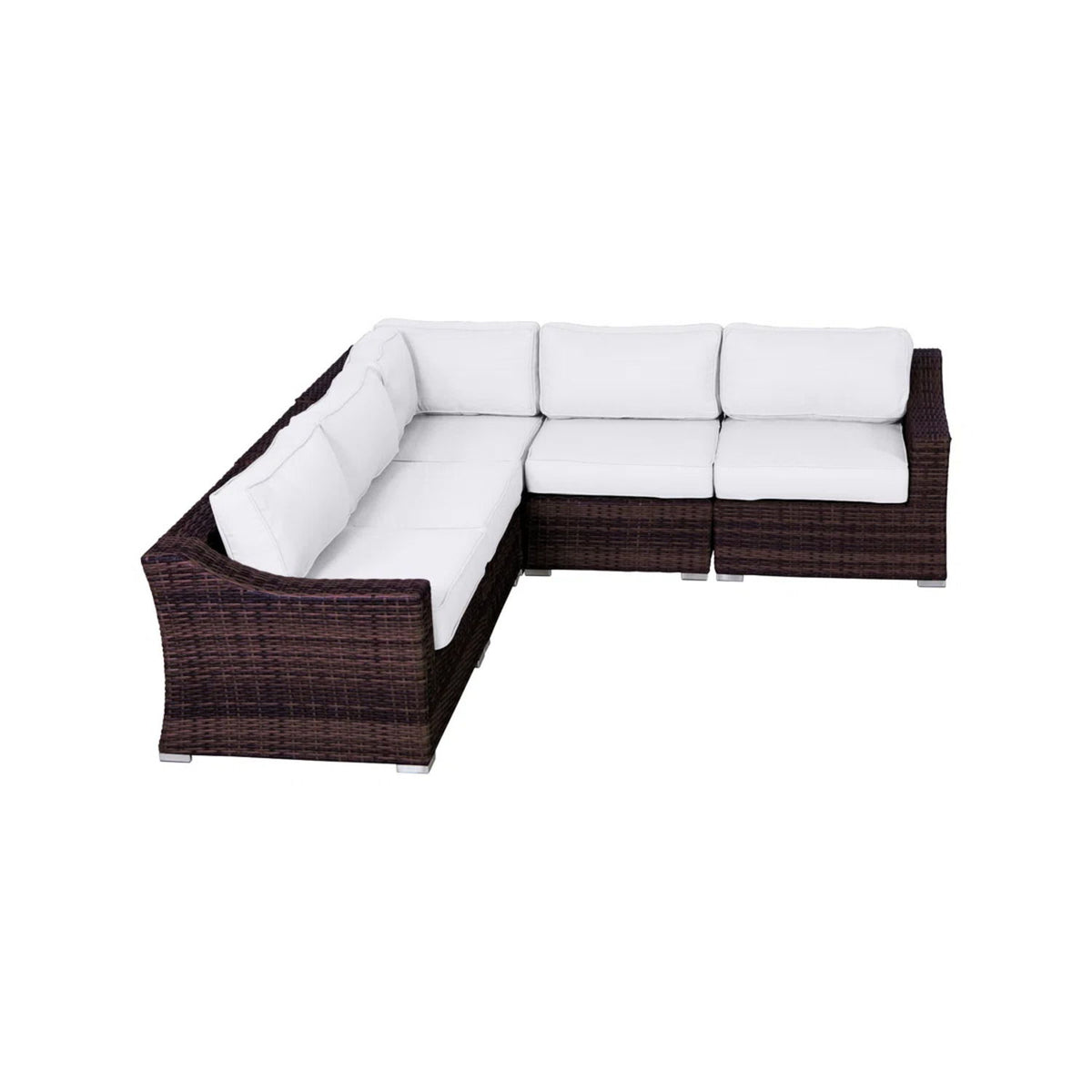 L-shaped wicker outdoor sofa with white/gray seat and back cushions