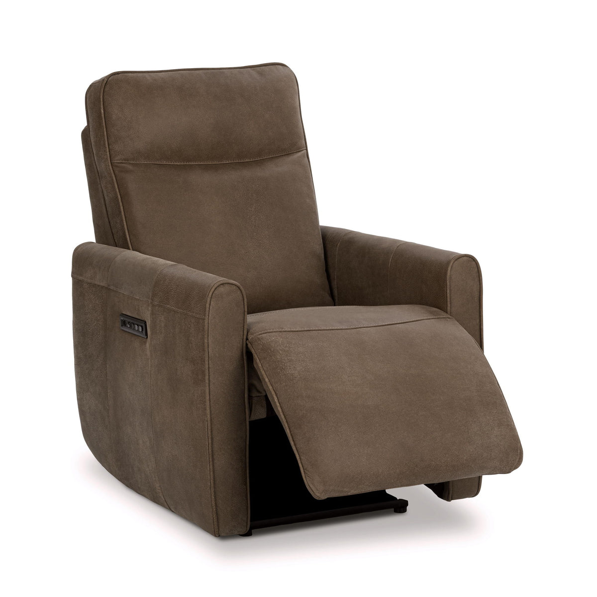 Leather-look power recliner chair with footrest extended and open recline panel