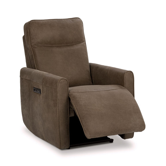 Leather-look power recliner chair with footrest extended and open recline panel