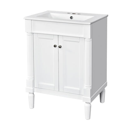 White bathroom vanity cabinet with white sink top, two doors, and turned legs
