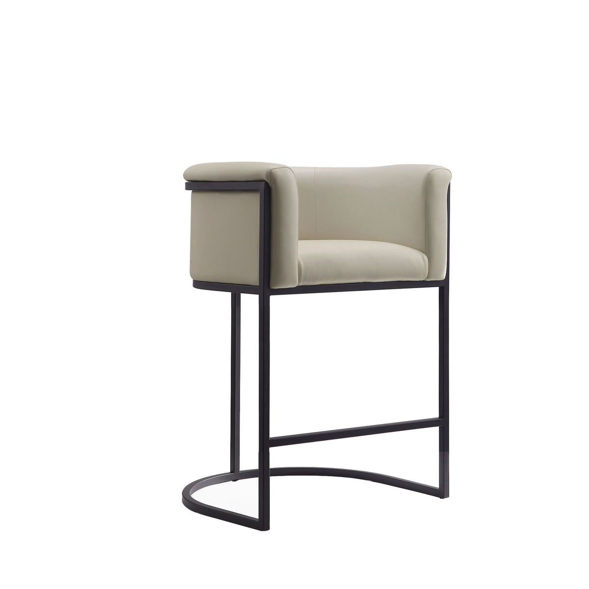 Light beige upholstered counter stool with curved armrest and black metal frame