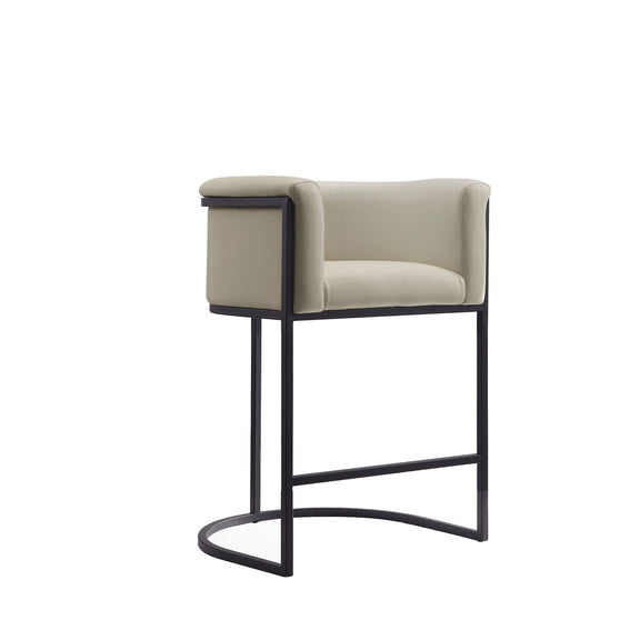 Light beige upholstered counter stool with curved armrest and black metal frame