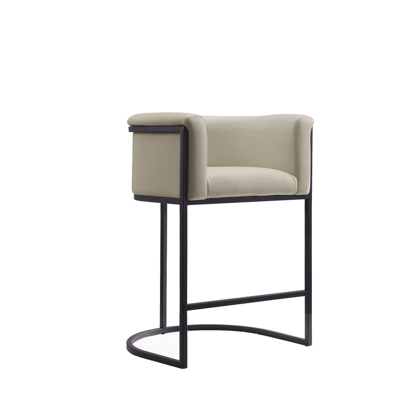 Light beige upholstered counter stool with curved armrest and black metal frame