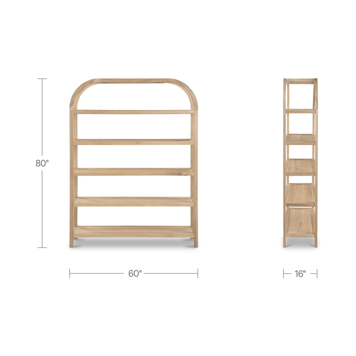 Natural wood bookcase, 60" wide and 80" high, four open shelves