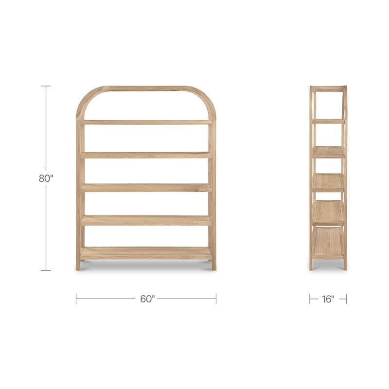 Natural wood bookcase, 60" wide and 80" high, four open shelves