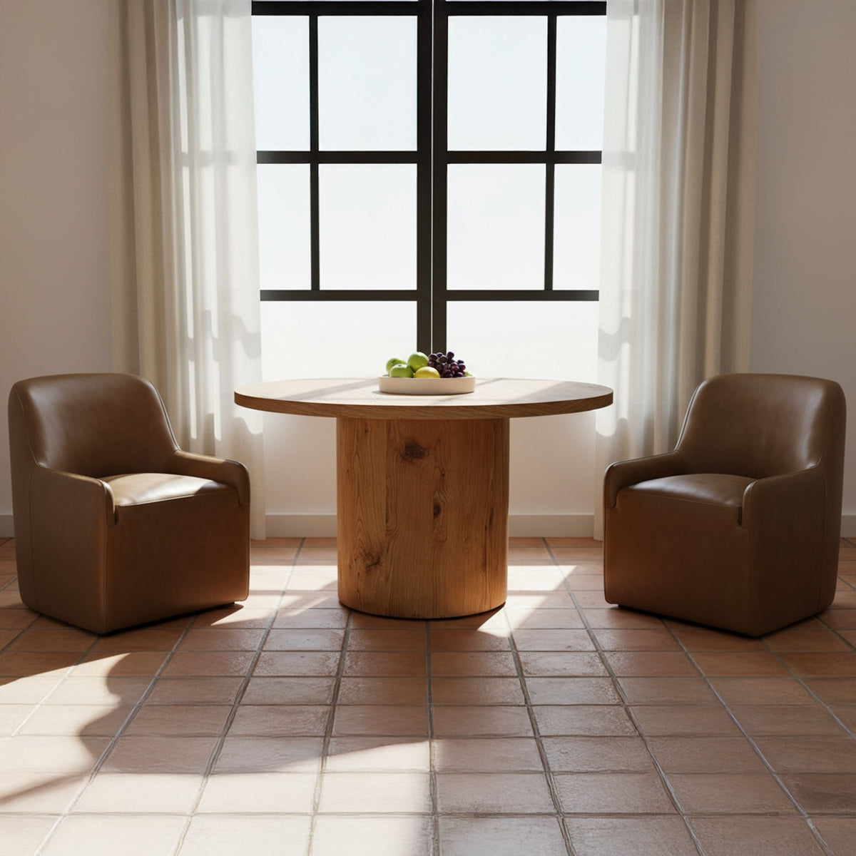 Tan leather rolling dining chair with armrests, set against dining table