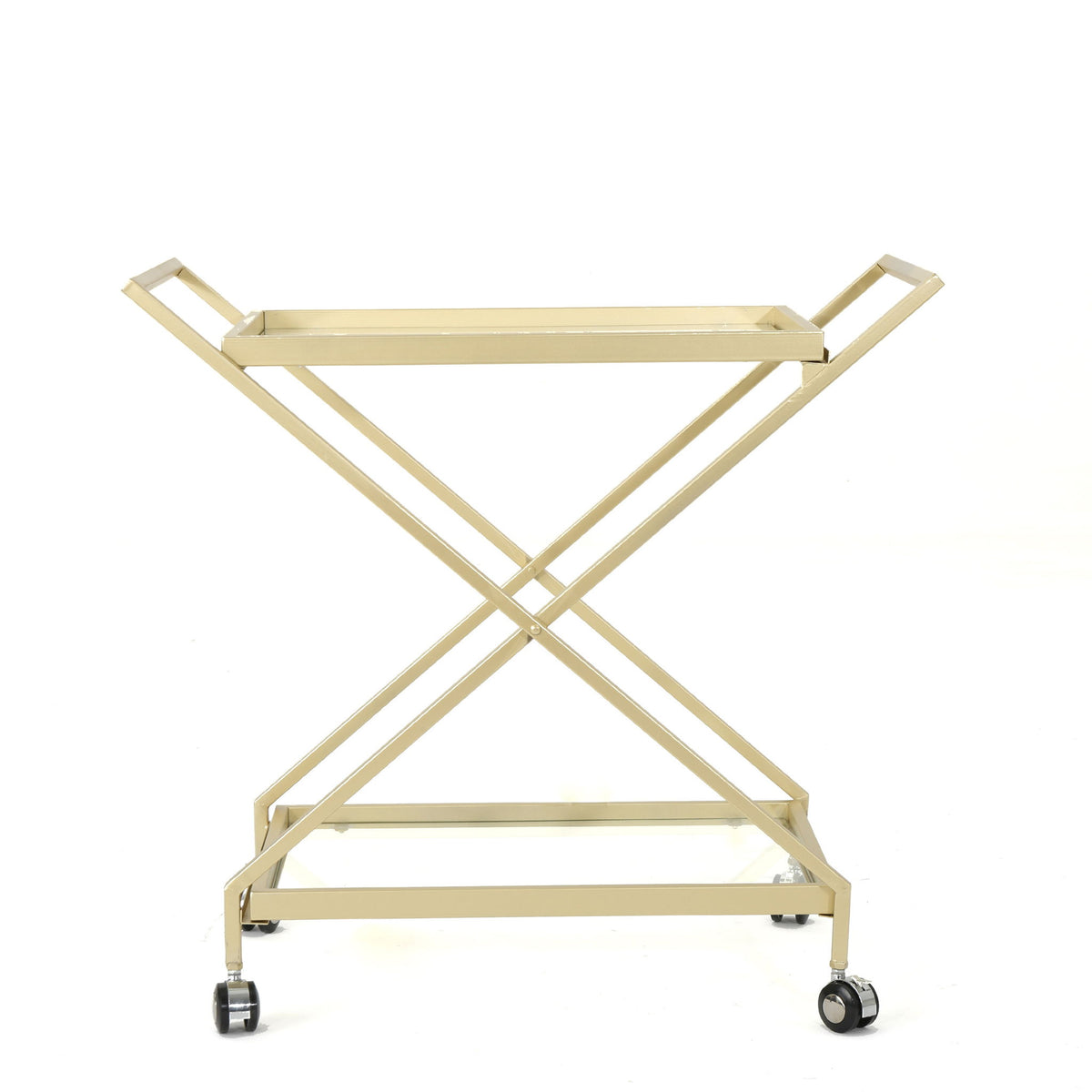 Sherianne - Industrial Bar Cart With Tempered Glass Shelves And Swivel Wheels - Gold