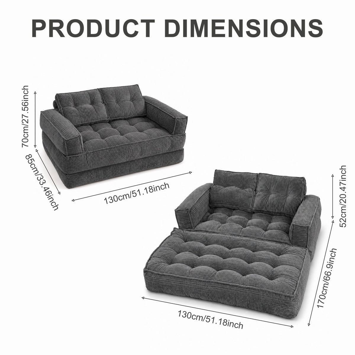 2 Seater Modular Corduroy Sofa With Chaise Lounge For Living Room