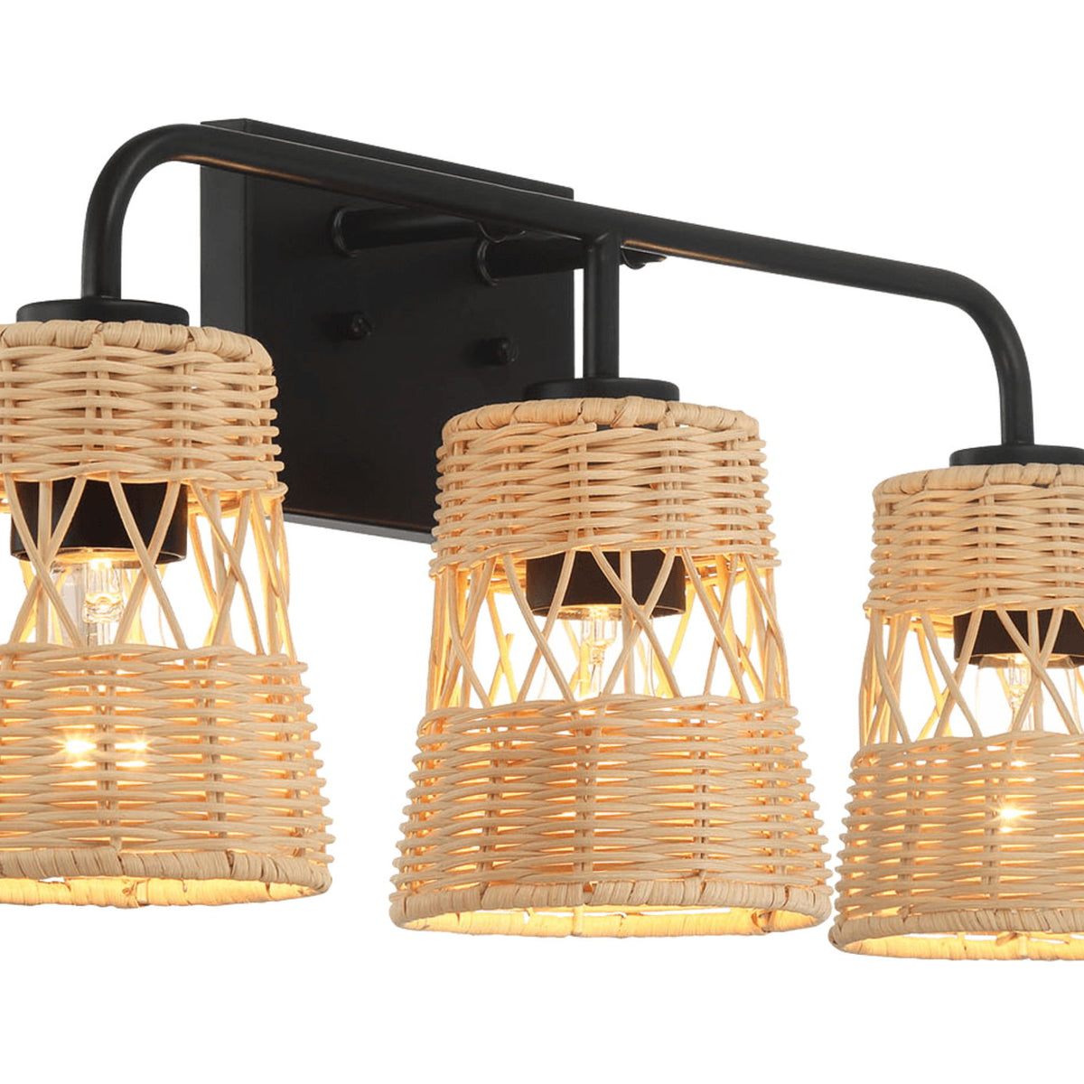 Moonlit - 3 Lights Wall Sconce With Shade, Bathroom Lighting Fixtures Over Mirror - Black / Rattan