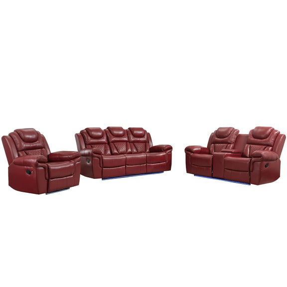 Red leather recliner chair with center console and cushioned armrests.