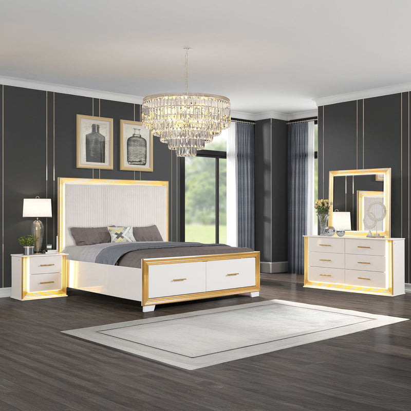 White bedroom set with LED bed frame, dresser mirror, and two nightstands