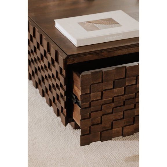 Brown storage coffee table side view with open lid and woven wood storage panels