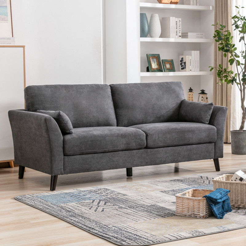 Woven fabric sofa in dark gray with track arms, back cushions, and black legs.