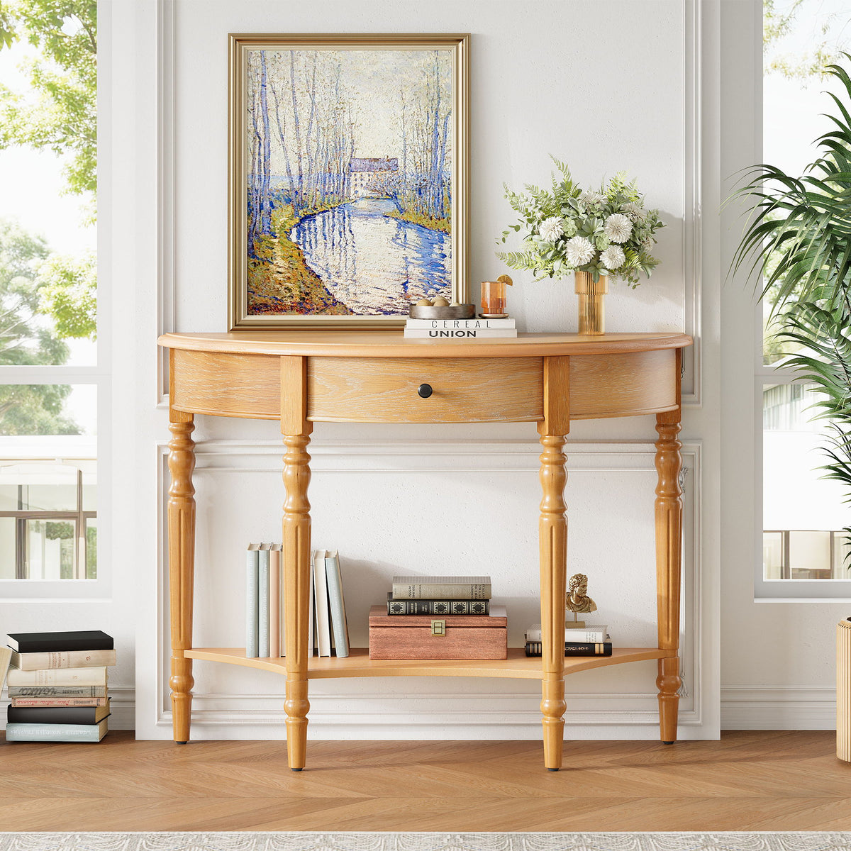 Half Moon Console Table With Drawer & Shelf