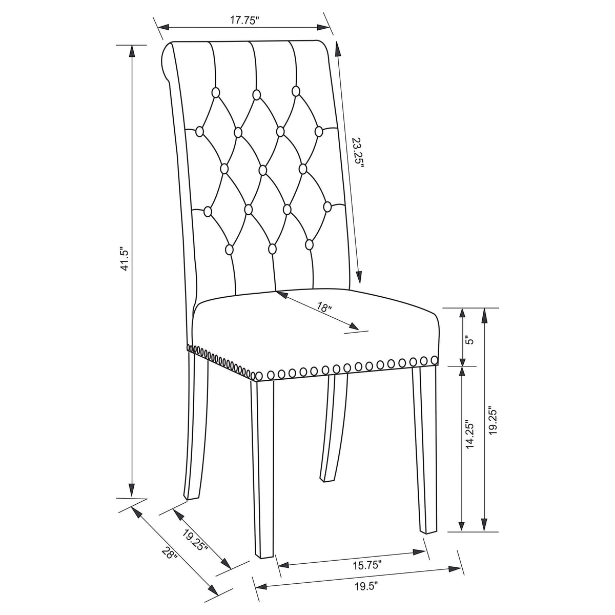 Tufted rolled-back side chair with diamond button-tufting, nailhead trim, tapered legs