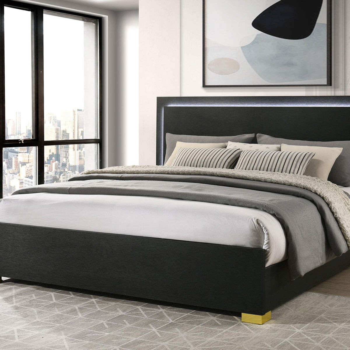 Marceline Wood Eastern King LED Panel Bed Black