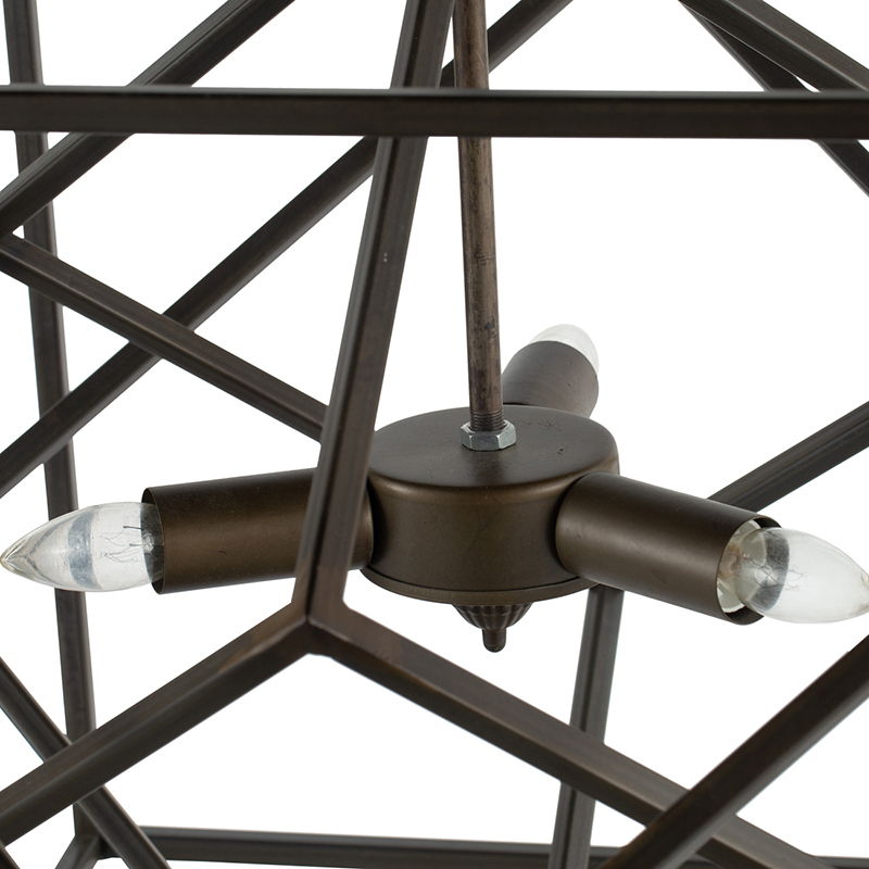 Black chandelier canopy with three exposed bulb sockets inside metal cage frame