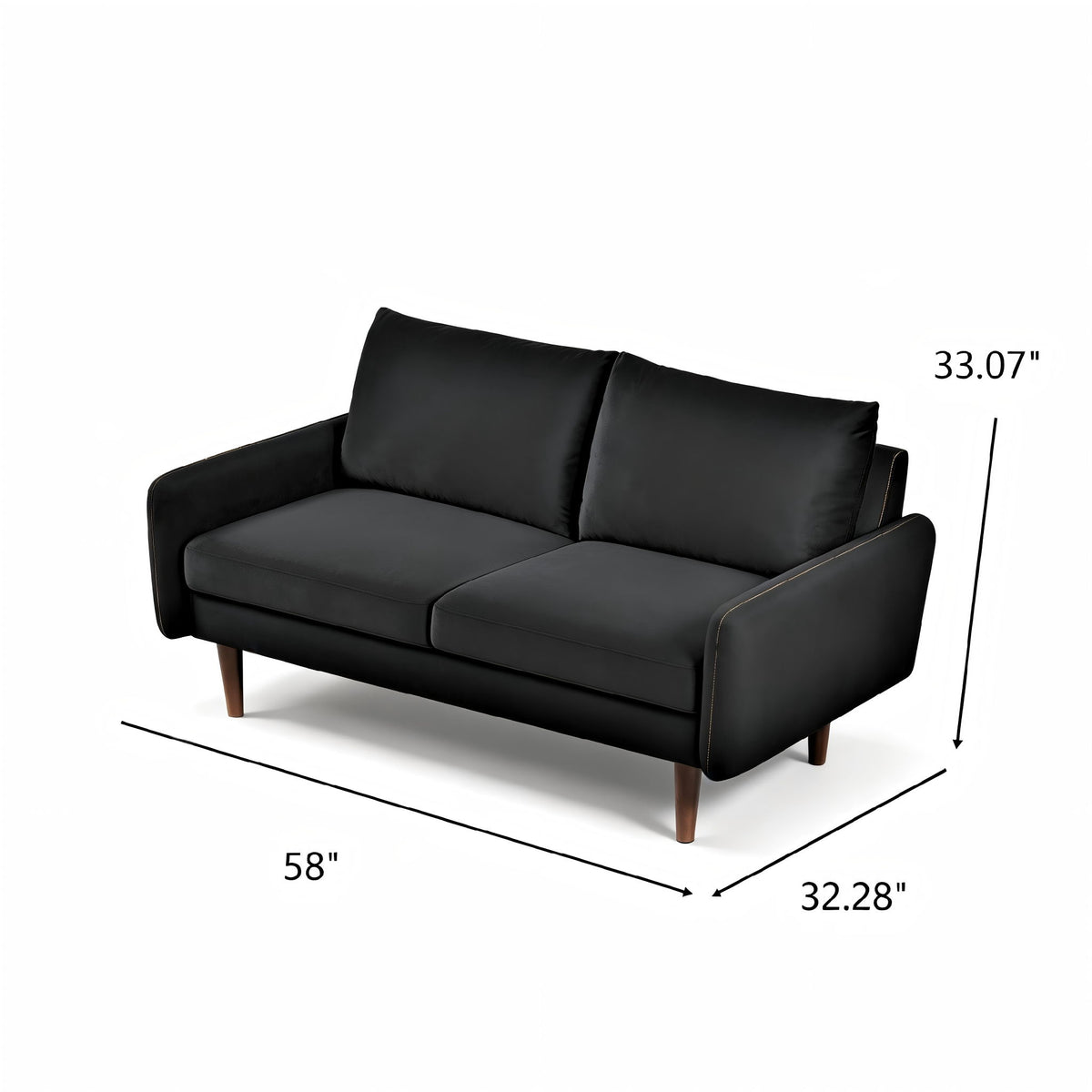 Kent 2-seat loveseat sofa, black fabric, two cushions, shown with 58in x 32.28in