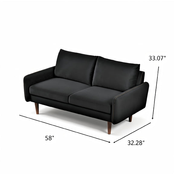 Kent 2-seat loveseat sofa, black fabric, two cushions, shown with 58in x 32.28in