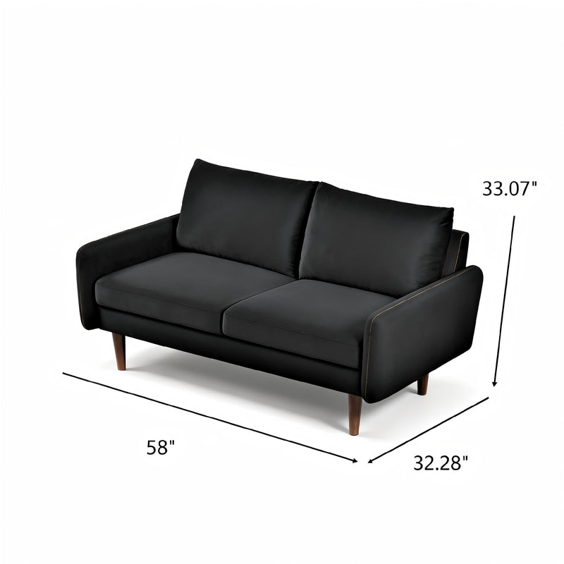 Kent 2-seat loveseat sofa, black fabric, two cushions, shown with 58in x 32.28in