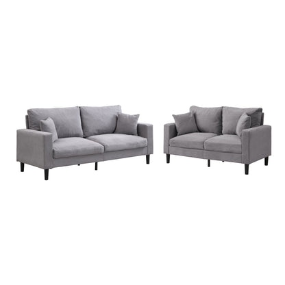 Gray upholstered 3-seater and 2-seater sofa set with square arms and tapered legs