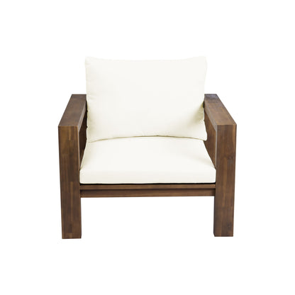 Dark brown wooden outdoor armchair with white cushion and matching backrest cushion