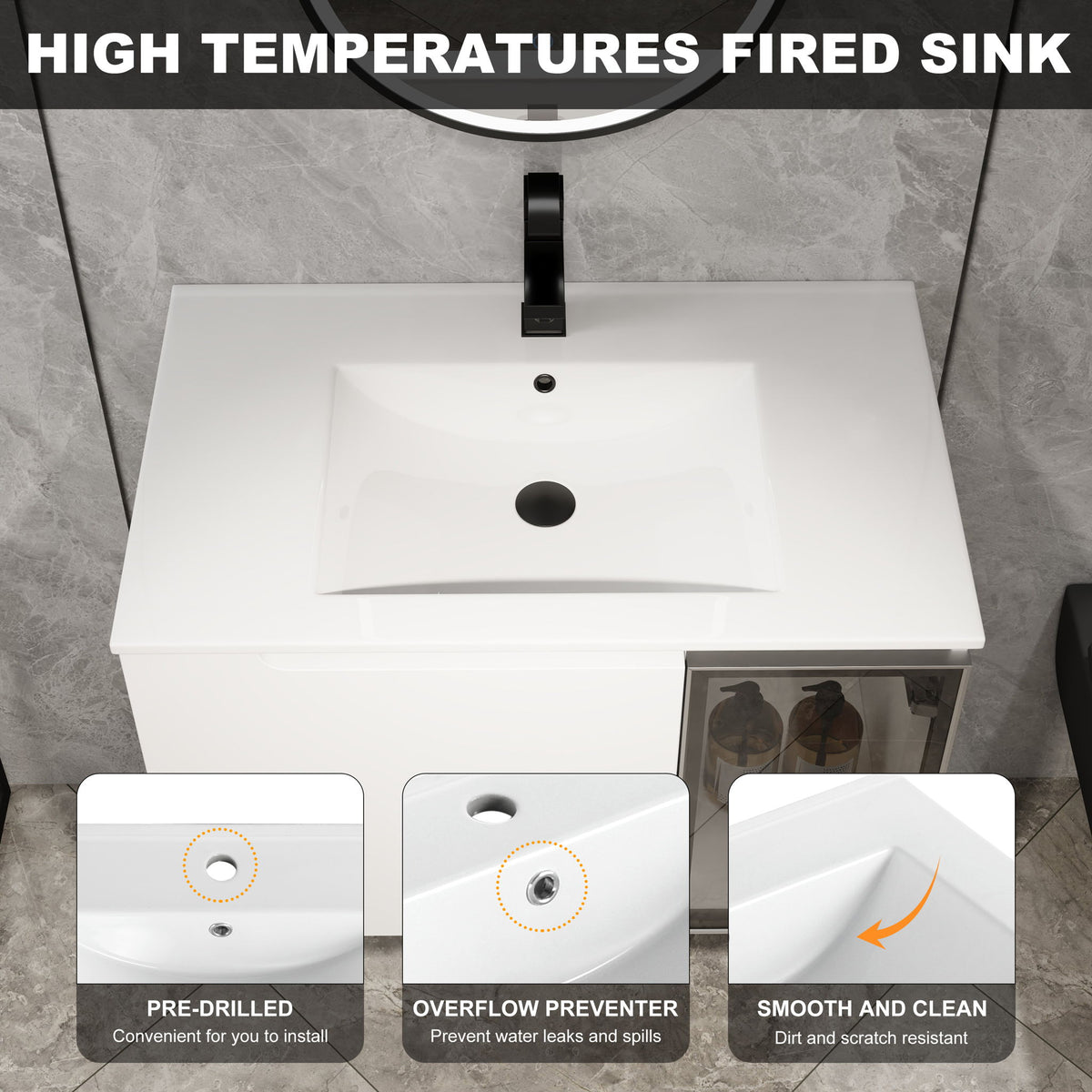 White vanity top with integrated rectangular sink and a single faucet hole